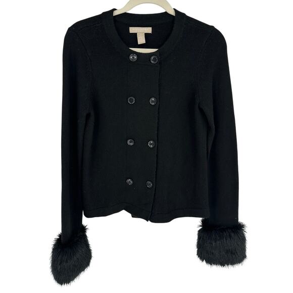 Banana Republic Black Merino Wool Cashmere Cardigan Faux Fur Winter Party S - Picture 1 of 5
